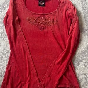 Harley-Davidson Women's Red Long Sleeve Scoop Neck Top with Chest Graphic
